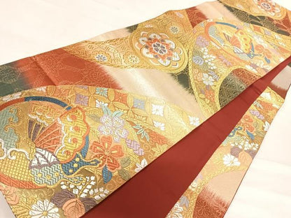 平和屋着物◎六通柄袋帯 唐織 舞蝶花丸文 金糸 正絹 逸品 AABE3666yx