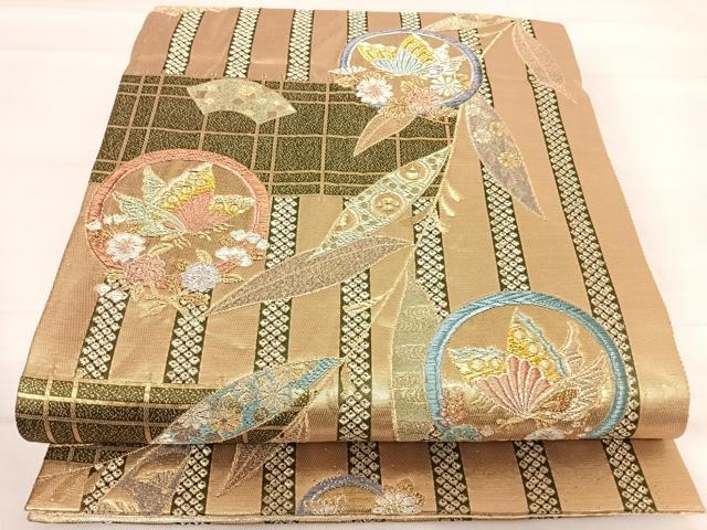 平和屋着物◎六通柄袋帯 舞蝶花丸文 金銀糸 正絹 逸品 AABE3667yx