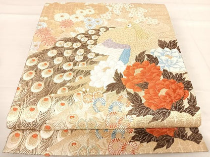 平和屋着物◎六通柄袋帯 唐織 九百錦織 富貴孔雀牡丹文 金糸 正絹 逸品 AABE3678yx