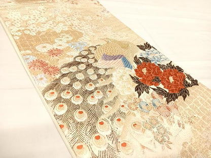 平和屋着物◎六通柄袋帯 唐織 九百錦織 富貴孔雀牡丹文 金糸 正絹 逸品 AABE3678yx