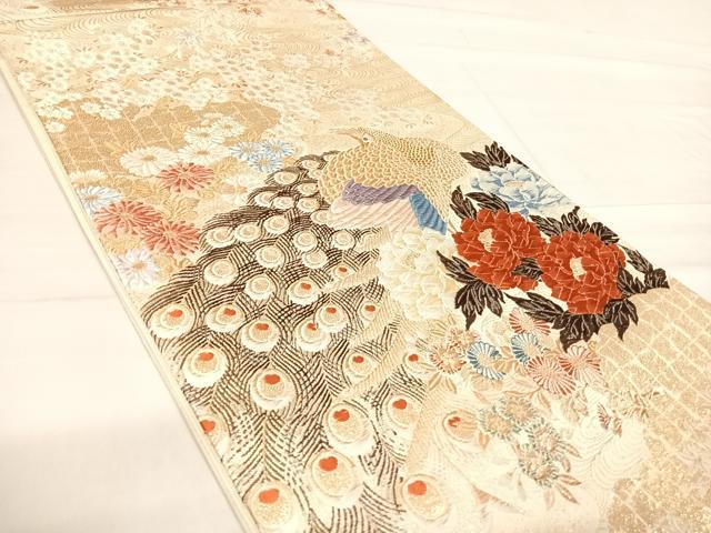 平和屋着物◎六通柄袋帯 唐織 九百錦織 富貴孔雀牡丹文 金糸 正絹 逸品 AABE3678yx