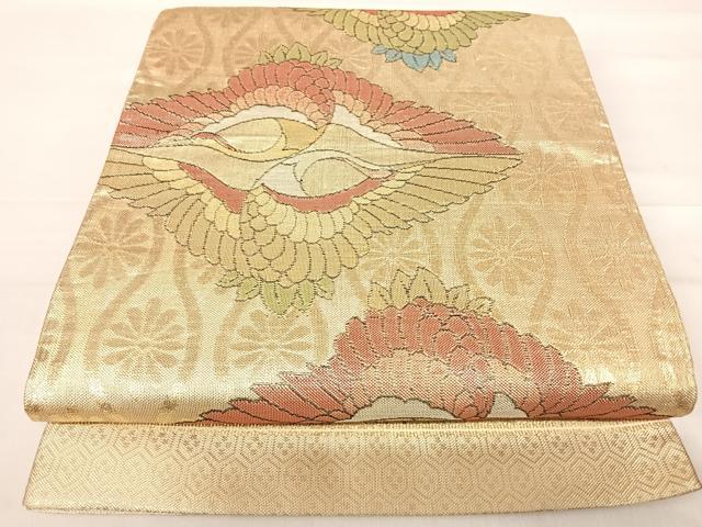 平和屋着物◎佐賀錦　六通柄袋帯　双鶴文　金糸　正絹　逸品　AABE3682yx
