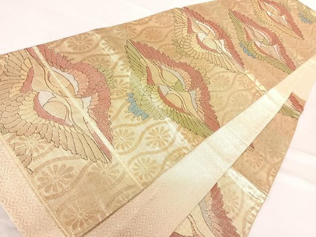 平和屋着物◎佐賀錦　六通柄袋帯　双鶴文　金糸　正絹　逸品　AABE3682yx