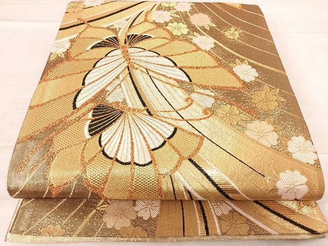 平和屋着物◎佐賀錦　全通柄袋帯　花蝶文　金糸　正絹　逸品　AABE3685yx