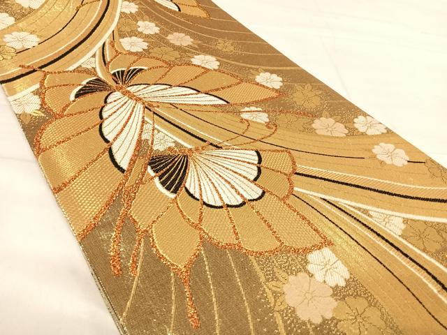 平和屋着物◎佐賀錦　全通柄袋帯　花蝶文　金糸　正絹　逸品　AABE3685yx