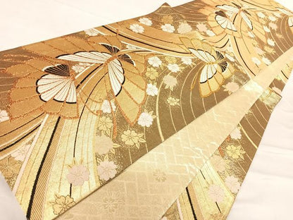 平和屋着物◎佐賀錦　全通柄袋帯　花蝶文　金糸　正絹　逸品　AABE3685yx