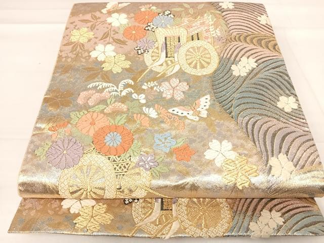 平和屋着物◎六通柄袋帯　唐織　箔錦つづれ　磯御幸花車　金糸　正絹　逸品　AABE3686yx
