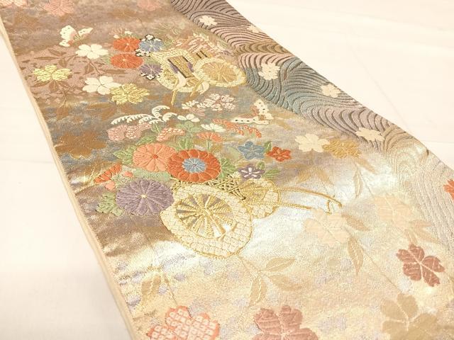 平和屋着物◎六通柄袋帯　唐織　箔錦つづれ　磯御幸花車　金糸　正絹　逸品　AABE3686yx