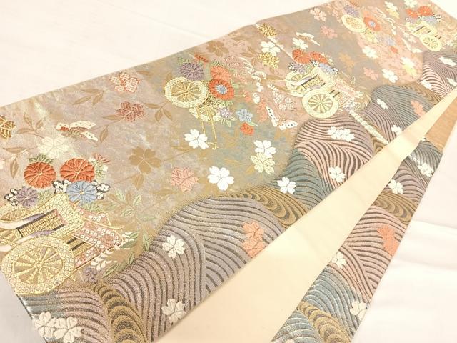 平和屋着物◎六通柄袋帯　唐織　箔錦つづれ　磯御幸花車　金糸　正絹　逸品　AABE3686yx