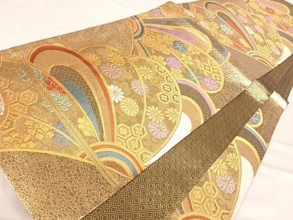 平和屋着物◎佐賀錦　六通柄袋帯　吉祥花文　金糸　正絹　逸品　AABE3716yx