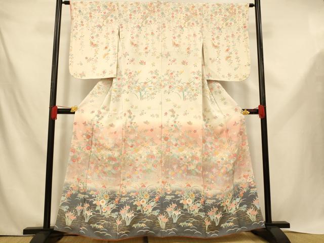 平和屋着物■訪問着　花蝶吉祥文様　暈し染め　金彩　正絹　逸品　AABE3732fw