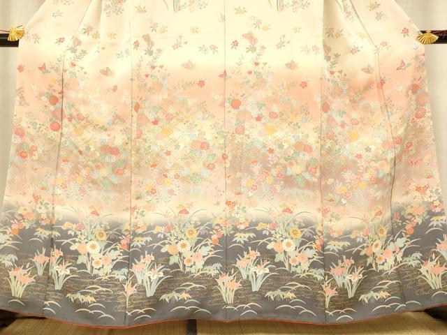 平和屋着物■訪問着　花蝶吉祥文様　暈し染め　金彩　正絹　逸品　AABE3732fw