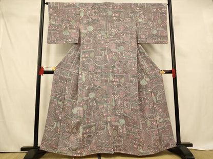 平和屋着物■上質な小紋　人物風景文　正絹　逸品　AABE3773fw