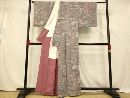 平和屋着物■上質な小紋　人物風景文　正絹　逸品　AABE3773fw
