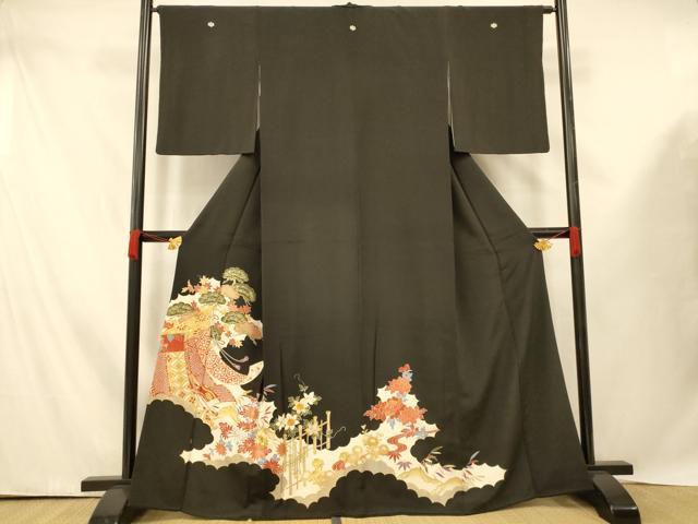 平和屋着物■豪華黒留袖　駒刺繍　吉祥草花文　金彩　正絹　逸品　AABE3858fw