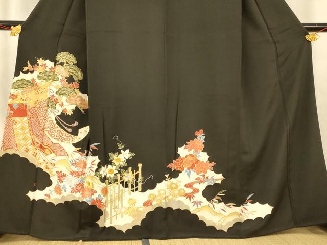 平和屋着物■豪華黒留袖　駒刺繍　吉祥草花文　金彩　正絹　逸品　AABE3858fw