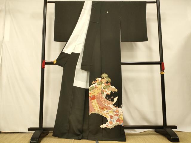 平和屋着物■豪華黒留袖　駒刺繍　吉祥草花文　金彩　正絹　逸品　AABE3858fw