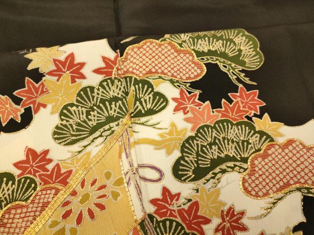 平和屋着物■豪華黒留袖　駒刺繍　吉祥草花文　金彩　正絹　逸品　AABE3858fw