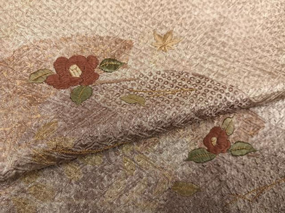 平和屋着物●訪問着 絞り 刺繍 地紙草花文 金彩 正絹 逸品 AABE3957ph