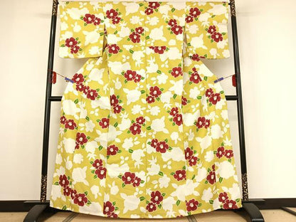 平和屋着物▽小紋 単衣 椿 洗える着物 AABE4016jh