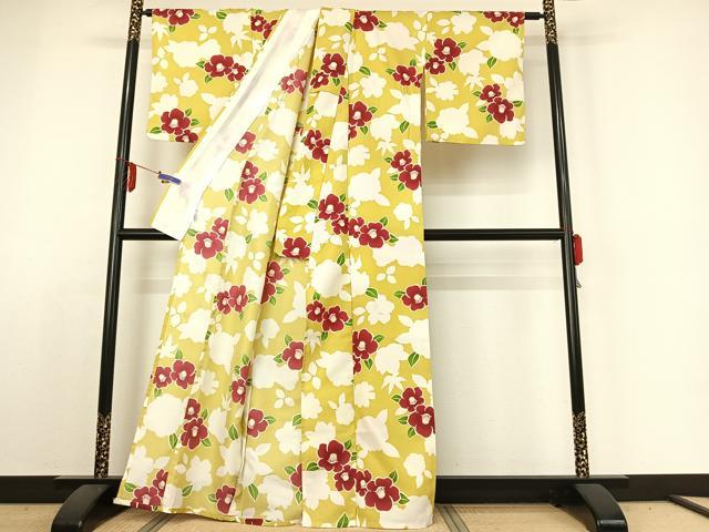 平和屋着物▽小紋 単衣 椿 洗える着物 AABE4016jh