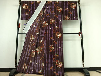 平和屋着物▽小紋 単衣 花車文 洗える着物 AABE4017jh