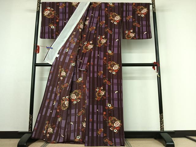 平和屋着物▽小紋 単衣 花車文 洗える着物 AABE4017jh