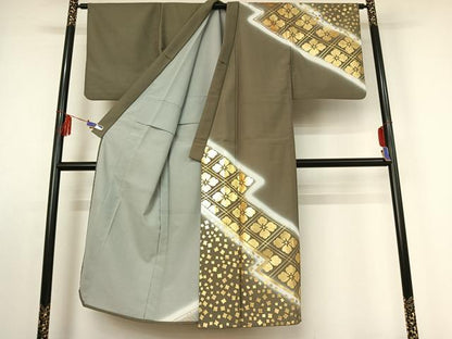 平和屋着物▽男性　訪問着　単衣　花菱文　金彩　正絹　逸品　AABE4021jh