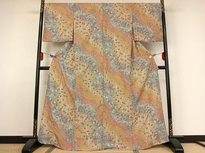 平和屋着物▽小紋　単衣　流水花文　洗える着物　AABE4024jh