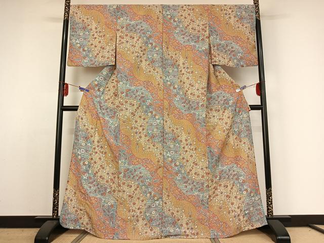 平和屋着物▽小紋　単衣　流水花文　洗える着物　AABE4024jh