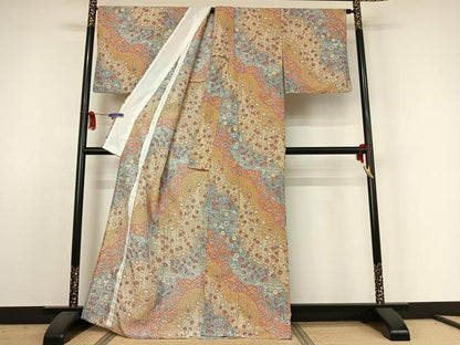 平和屋着物▽小紋　単衣　流水花文　洗える着物　AABE4024jh