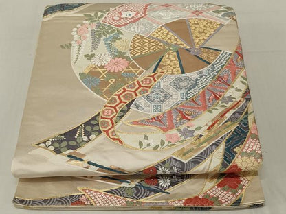 平和屋着物◎六通柄袋帯　唐織　扇面花鳥文　正絹　逸品　AABE4058ou