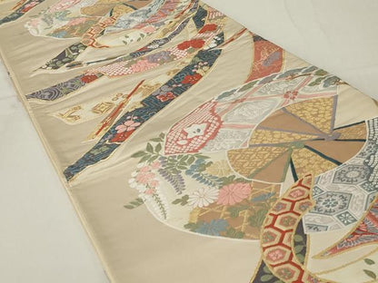 平和屋着物◎六通柄袋帯　唐織　扇面花鳥文　正絹　逸品　AABE4058ou