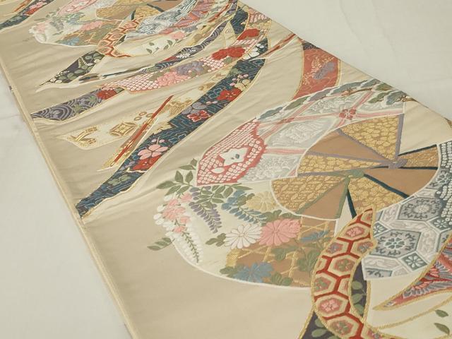 平和屋着物◎六通柄袋帯　唐織　扇面花鳥文　正絹　逸品　AABE4058ou