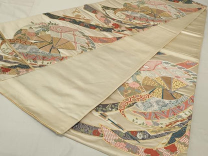 平和屋着物◎六通柄袋帯　唐織　扇面花鳥文　正絹　逸品　AABE4058ou