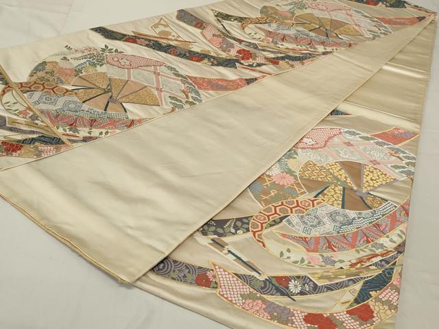 平和屋着物◎六通柄袋帯　唐織　扇面花鳥文　正絹　逸品　AABE4058ou
