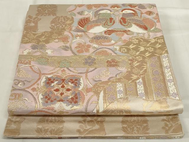 平和屋着物◎太鼓柄袋帯　道長鴛鴦花文　金糸　正絹　逸品　AABE4065ou