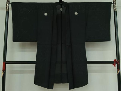 平和屋着物▽男性 黒紋付 スリーシーズン 春夏秋 塵除け 暗黒色 ロング丈 正絹 逸品 AABE4097jh