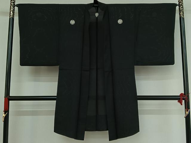 平和屋着物▽男性 黒紋付 スリーシーズン 春夏秋 塵除け 暗黒色 ロング丈 正絹 逸品 AABE4097jh