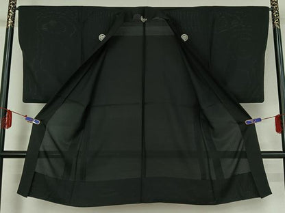 平和屋着物▽男性 黒紋付 スリーシーズン 春夏秋 塵除け 暗黒色 ロング丈 正絹 逸品 AABE4097jh