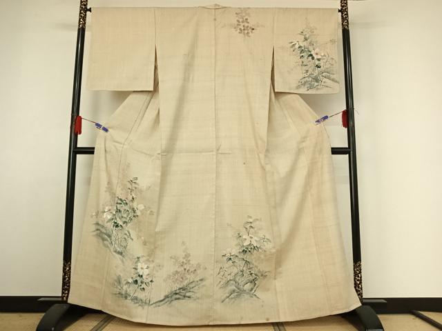 平和屋着物▽訪問着 単衣 紬地 手描き 草花文 正絹 逸品 AABE4105jh