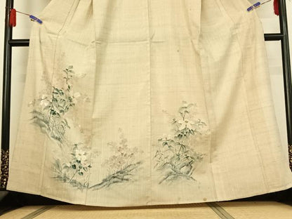 平和屋着物▽訪問着 単衣 紬地 手描き 草花文 正絹 逸品 AABE4105jh