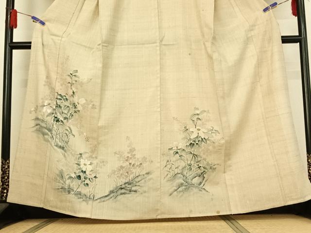 平和屋着物▽訪問着 単衣 紬地 手描き 草花文 正絹 逸品 AABE4105jh