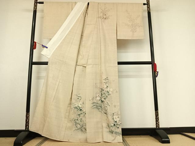 平和屋着物▽訪問着 単衣 紬地 手描き 草花文 正絹 逸品 AABE4105jh
