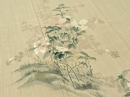平和屋着物▽訪問着 単衣 紬地 手描き 草花文 正絹 逸品 AABE4105jh