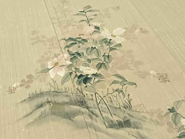 平和屋着物▽訪問着 単衣 紬地 手描き 草花文 正絹 逸品 AABE4105jh