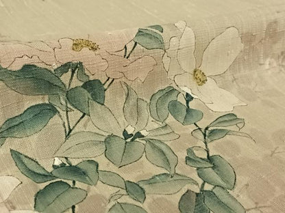 平和屋着物▽訪問着 単衣 紬地 手描き 草花文 正絹 逸品 AABE4105jh