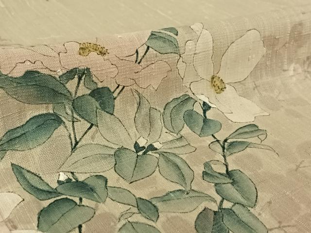 平和屋着物▽訪問着 単衣 紬地 手描き 草花文 正絹 逸品 AABE4105jh