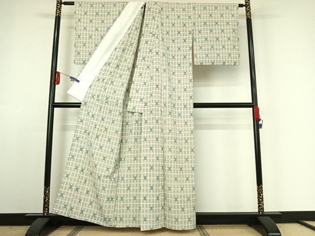 平和屋着物▽本塩沢 単衣 格子 正絹 逸品 AABE4107jh
