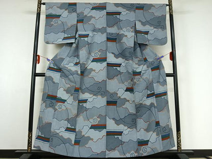 平和屋着物▽上質な紬　単衣　幾何学文様　正絹　逸品　AABE4119jh